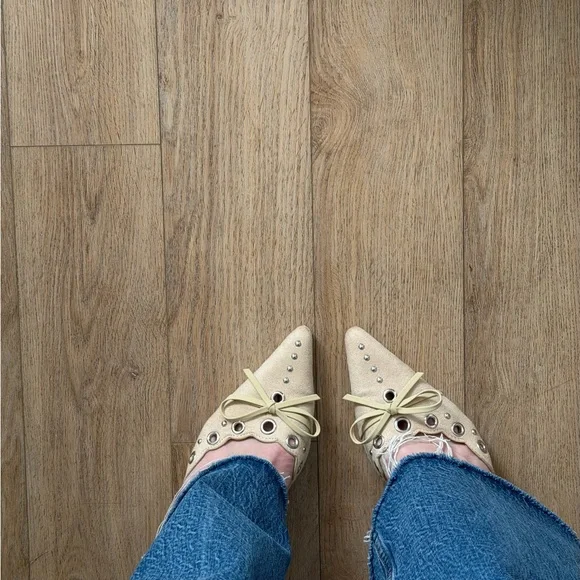 Princess Polly Beige Pointed Toe Studded Flats - Picture 2 of 7